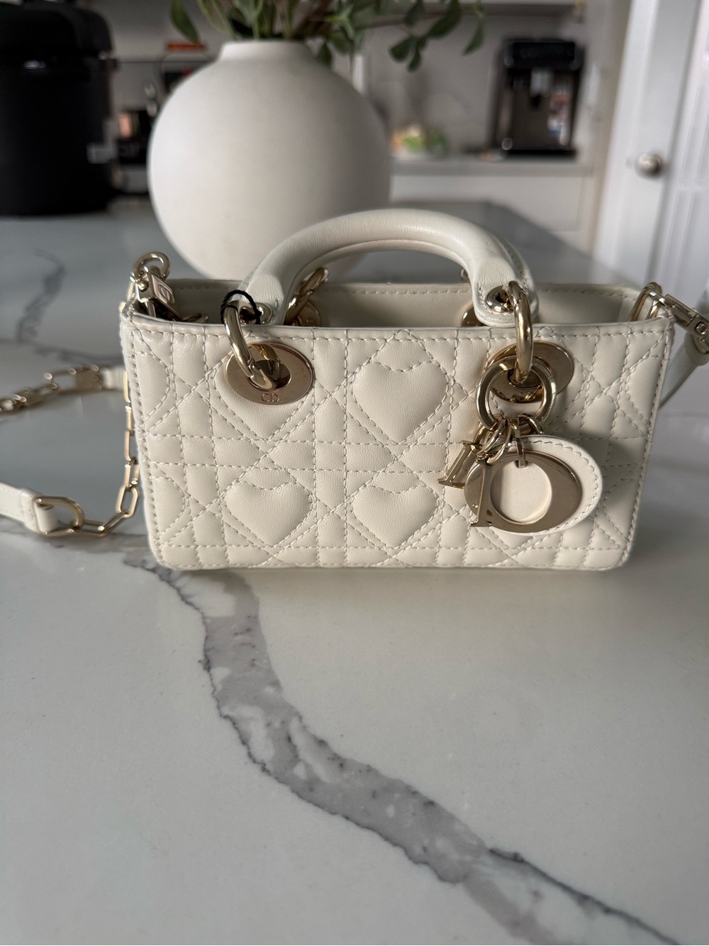 Dior Cream Quilted Mini Top-Handle Crossbody with Gold Hardware